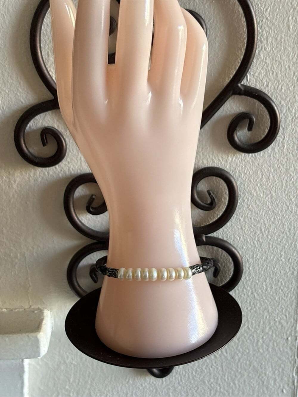 Cultured Freshwater Pearl Leather Braided Soft Bangle Bracelet Sterling 925 7.5"